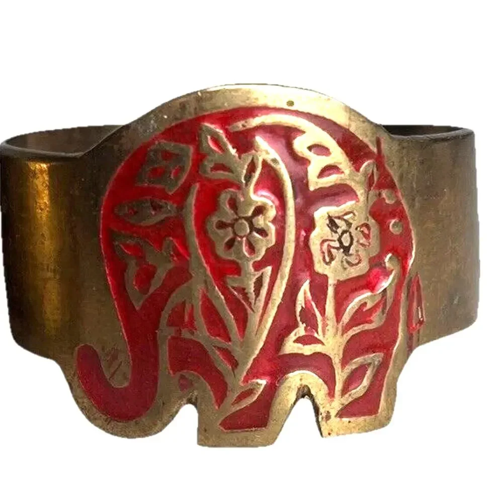 Vintage Brass Elephant Animal Napkin Rings Set Of 4 Marked India Gold Tone & Red
